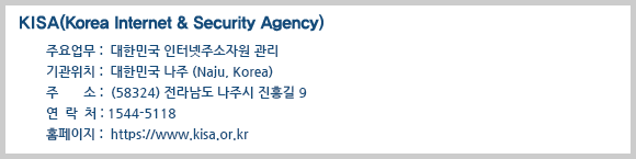 KISA (Korea Internet & Security Agency)-주요업무 : 대한민국 인터넷주소자원 관리, 기관위치 : 대한민국 서울(Seoul, Korea), 주    소 : 서울특별시 서초구 서초2동 1321-11 KTF B/D 137-857, 연 락 처 : +82-2-405-5118, 홈페이지 : http://www.kisa.or.kr